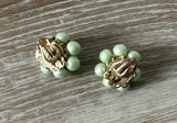 Beautiful Vintage Beaded Cluster Clip On Earrings w Green Beads Signed Japan