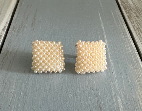Vintage Screw Back / On Earrings Square Bundle of Faux Baby Pearls  Lovely!