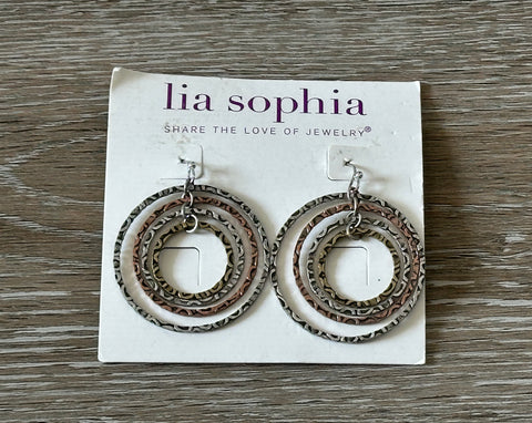 Lia Sophia Vintage Pierced Earrings Boho Scroll Design Tri Color Hoops Circles