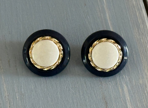 Fantastic Vintage Clip On Earrings Blue White & Gold Tone Button Style