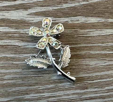 Pretty Vintage Brooch Sarah Coventry Silver Tone Flower w AB Rhinestones Floral