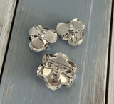 Vintage Jewelry Set Silver Tone w Gray Sparkly Rhinestones Brooch Clip On Earrings