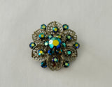 Stunning Vintage Brooch Filigree Silver Tone Metal w AB Finish Blue Rhinestones