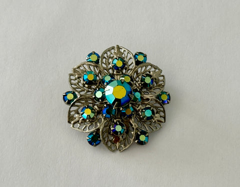 Stunning Vintage Brooch Filigree Silver Tone Metal w AB Finish Blue Rhinestones