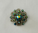 Stunning Vintage Brooch Filigree Silver Tone Metal w AB Finish Blue Rhinestones