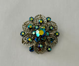 Stunning Vintage Brooch Filigree Silver Tone Metal w AB Finish Blue Rhinestones