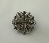 Stunning Vintage Brooch Filigree Silver Tone Metal w AB Finish Blue Rhinestones