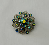Stunning Vintage Brooch Filigree Silver Tone Metal w AB Finish Blue Rhinestones