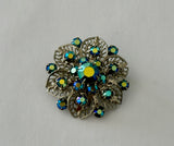 Stunning Vintage Brooch Filigree Silver Tone Metal w AB Finish Blue Rhinestones