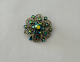Stunning Vintage Brooch Filigree Silver Tone Metal w AB Finish Blue Rhinestones