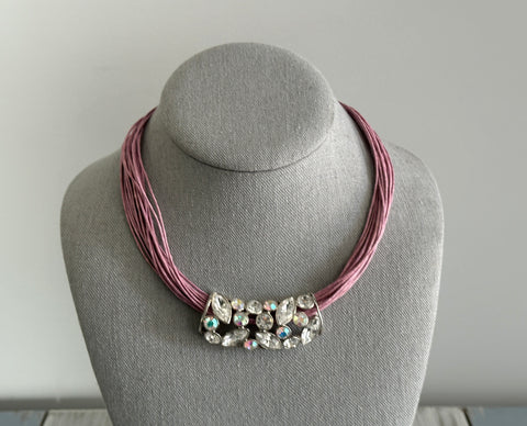 Lia Sophia Socialite Vintage Necklace Purple Cords AB Crystals Rhinestone Center
