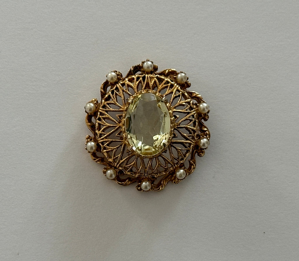 Florenza Glorious Vintage Pendant w Tiny Pearls & a Large Yellow Rhinestone