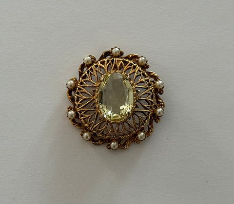 Florenza Glorious Vintage Pendant w Tiny Pearls & a Large Yellow Rhinestone
