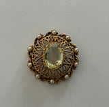 Florenza Glorious Vintage Pendant w Tiny Pearls & a Large Yellow Rhinestone
