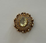 Florenza Glorious Vintage Pendant w Tiny Pearls & a Large Yellow Rhinestone