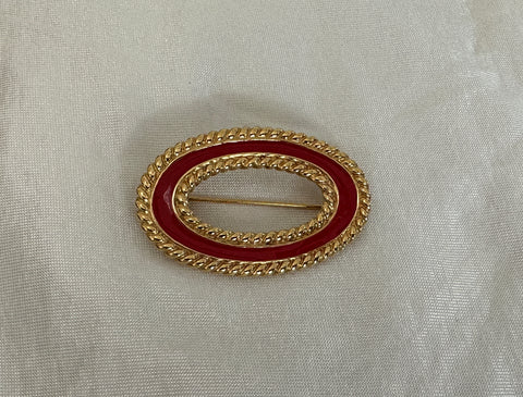 Fabulous Monet Pin Brooch  Gold Tone and Red Enamel Oval  Nautical!