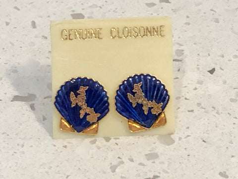 Vintage Cloisonne Enamel Scallop Shell Pierced Earrings signed Giavan