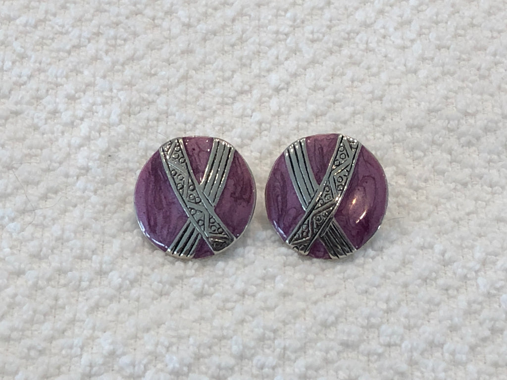 Magnificent Vintage Pierced Earrings Purple Enamel Silver Tone Metal