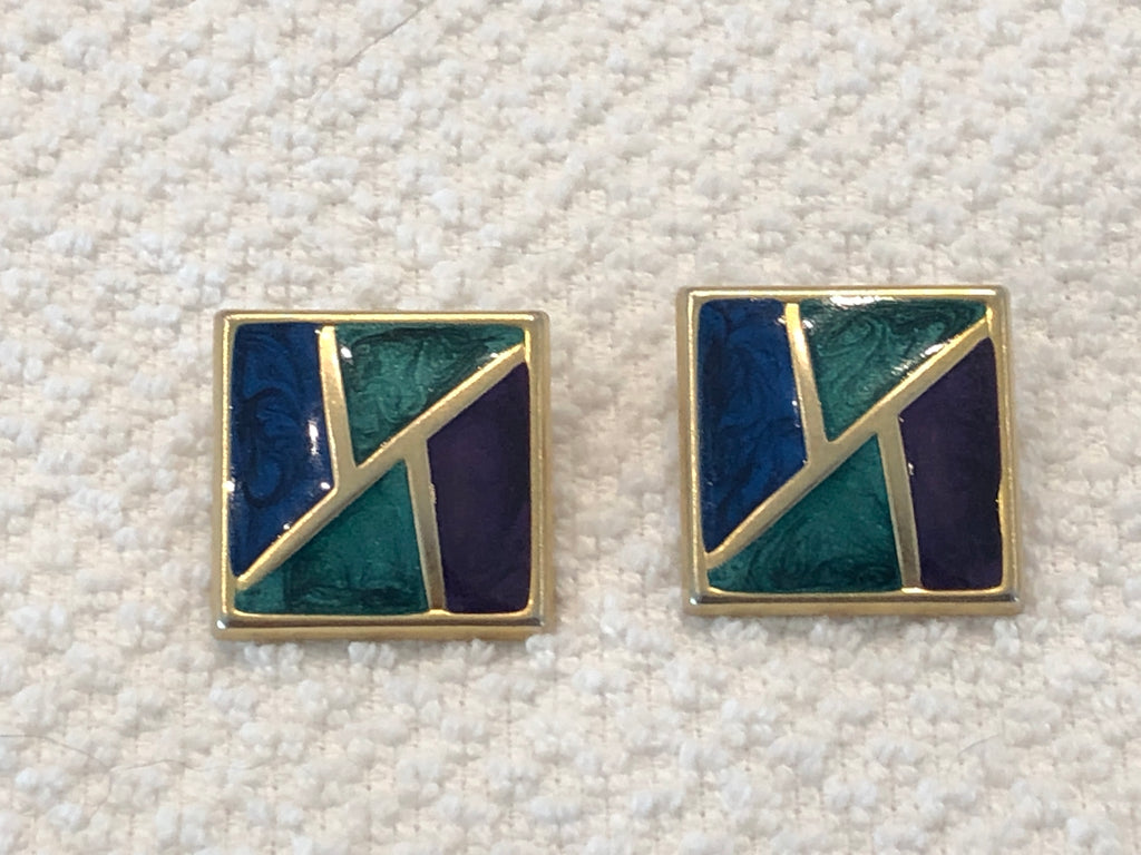 Fab Fabulous Vintage Pierced Earrings Green, Blue & Purple Enamel