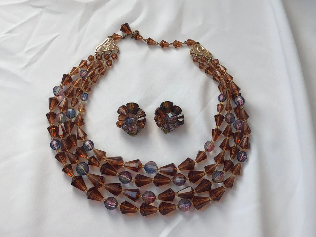 Stunning Germany Set Cluster Clip On Earrings & Multi Strand Beaded Necklace