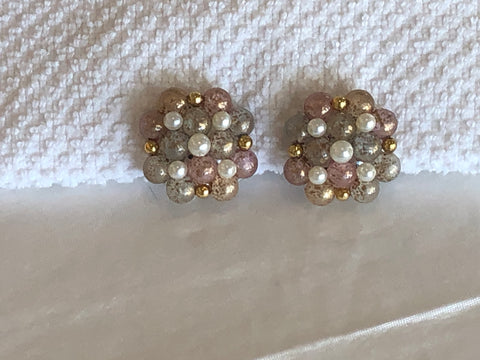 Gorgeous Vintage Bead Cluster Clip On Earrings  Gold, Pearl, Pink & Clear Beads