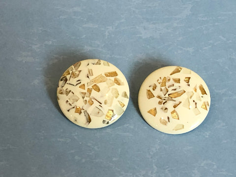 Funtastic Vintage Clip On Earrings Off White Buttons w Gold Metallic Confetti Details