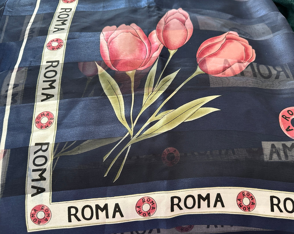Gorgeous Vintage Roma 40" Square Scarf Navy Blue w Tulip Print