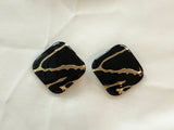 Super Mod Vintage Statement Pierced Earrings Gold w Black Enamel