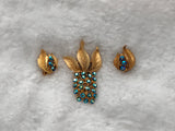 Stunning Vintage Jewelry Set Brooch & Clip On Earrings w AB Blue Rhinestones