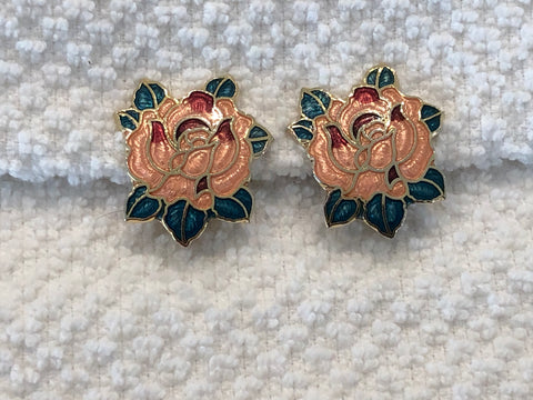 Just SO Gorgeous Vintage Cloisonne Enamel Rose Flower Clip On Earrings