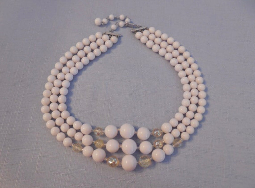 Amazing Vintage Multi Strand Necklace Signed Japan White & AB Beads