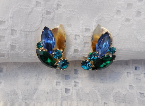 Truly Just Marvelous Vintage Weiss Clip On Earrings Blue & Green Rhinestones