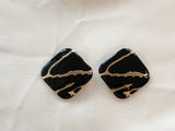 Super Mod Vintage Statement Pierced Earrings Gold w Black Enamel