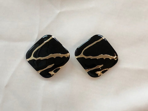 Super Mod Vintage Statement Pierced Earrings Gold w Black Enamel