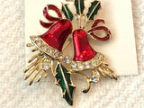 Big, Bold & Beautiful Vintage Rhinestone & Enamel Brooch Christmas Bells