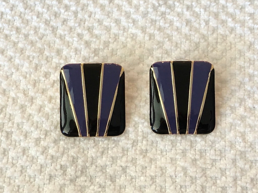 Super Retro Cool Vintage Pierced Earrings Black & Purple Enamel