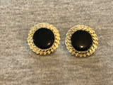 Awesome Vintage Pierced Earrings Gold Tone Chain Look Frame Black Enamel Center