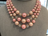 Beautiful Vintage Multi Strand Beaded Necklace Signed Japan Pink Gold AB Beads