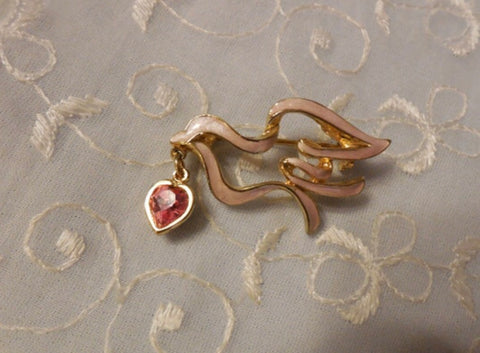 Pink Enamel Dove w Pink Rhinestone Heart Dangle