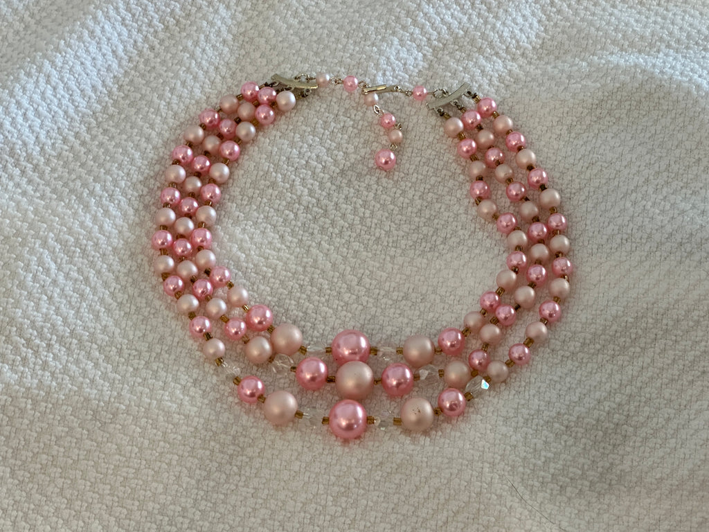 Beautiful Vintage Multi Strand Beaded Necklace Signed Japan Pink Gold AB Beads