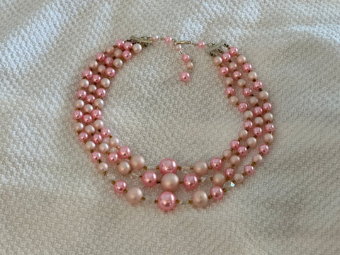 Beautiful Vintage Multi Strand Beaded Necklace Signed Japan Pink Gold AB Beads