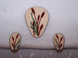 Amazing Vintage Screw On Earrings & Brooch Jewelry Set Enamel Painted Cattails