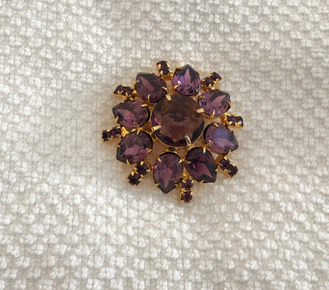 Stunning Vintage Large Brooch w Assorted Sparkly Purple Rhinestones