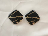 Super Mod Vintage Statement Pierced Earrings Gold w Black Enamel