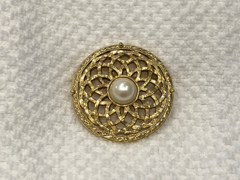 Victorian Style Vintage Brooch 1928 Gold Tone w Pearl Cabochon