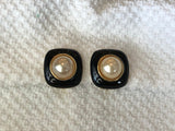 Absolutely Gorgeous Vintage Clip On Earrings Navy Blue Enamel & Pearl Cabochons