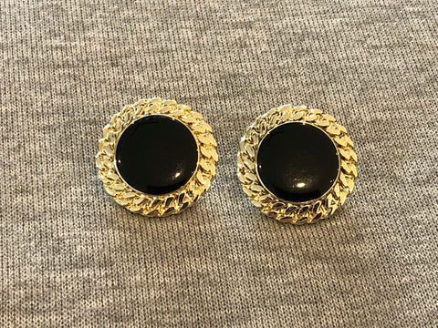 Awesome Vintage Pierced Earrings Gold Tone Chain Look Frame Black Enamel Center