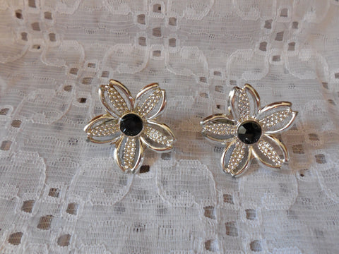 Dainty Floral Clip On Earrings Sarah Coventry with Black Rhinestones