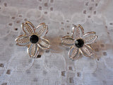 Dainty Floral Clip On Earrings Sarah Coventry with Black Rhinestones