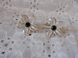 Dainty Floral Clip On Earrings Sarah Coventry with Black Rhinestones